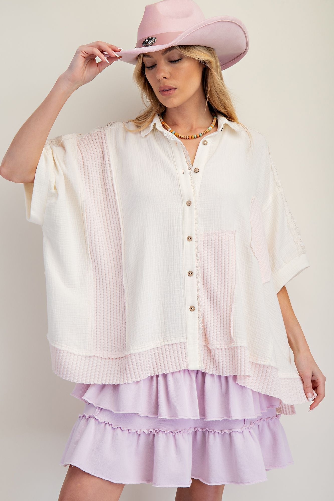 Short Sleeves Color Mix Cotton Gauze Shirt