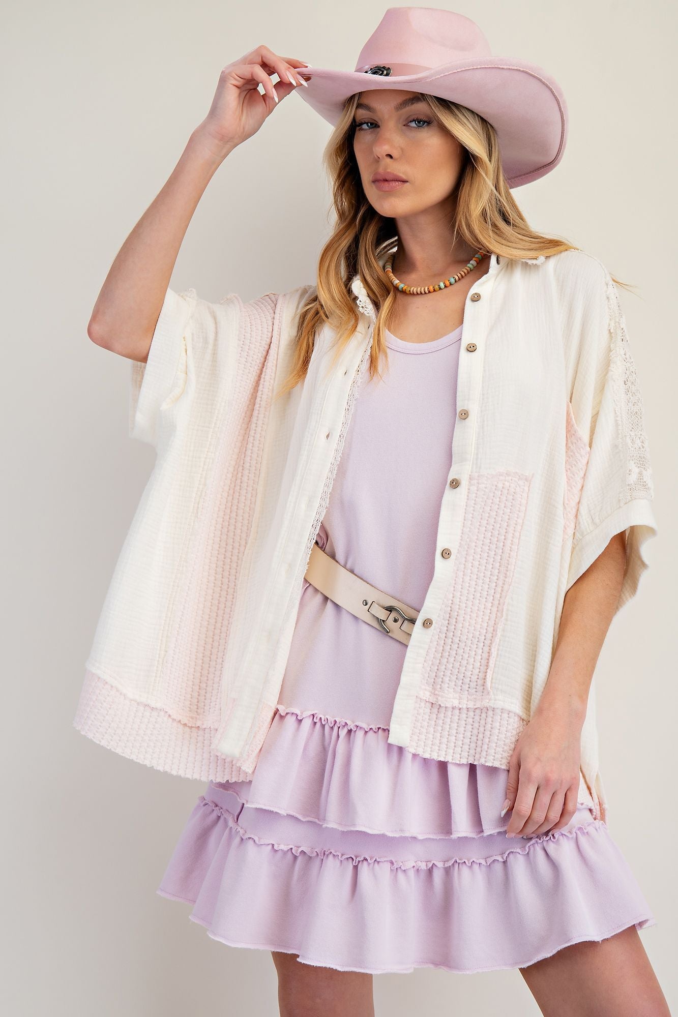 Short Sleeves Color Mix Cotton Gauze Shirt