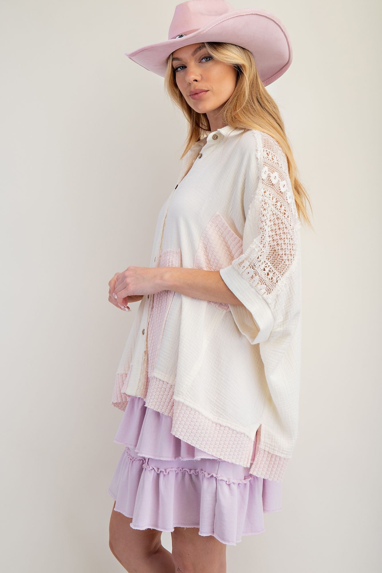 Short Sleeves Color Mix Cotton Gauze Shirt