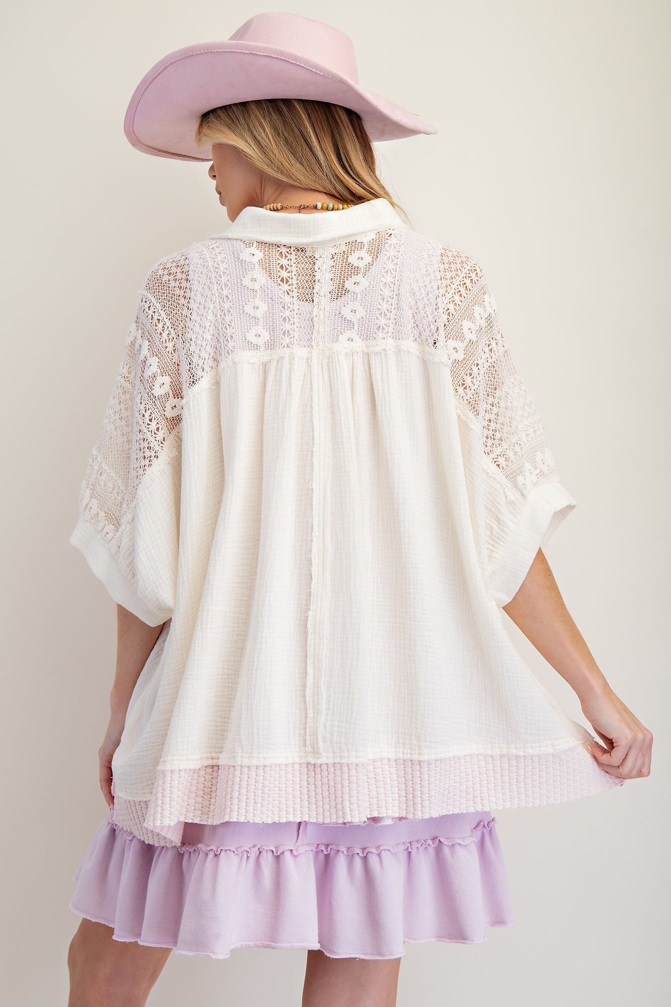 Short Sleeves Color Mix Cotton Gauze Shirt