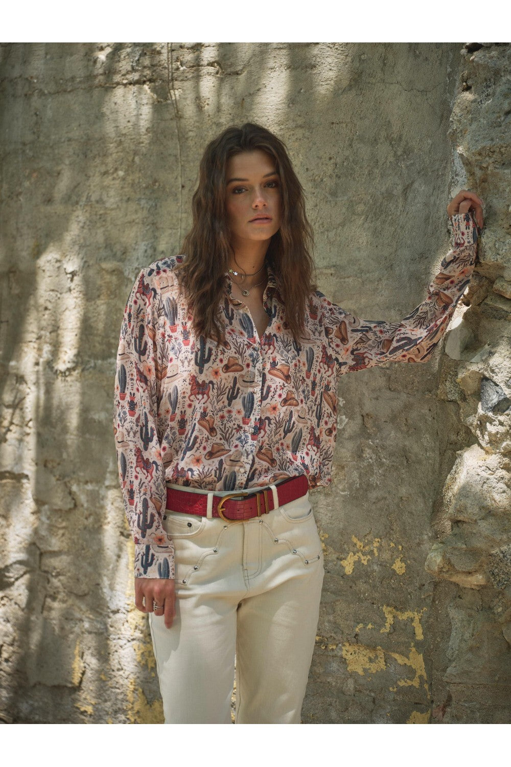 Western Print Chiffon Button Up Blouse