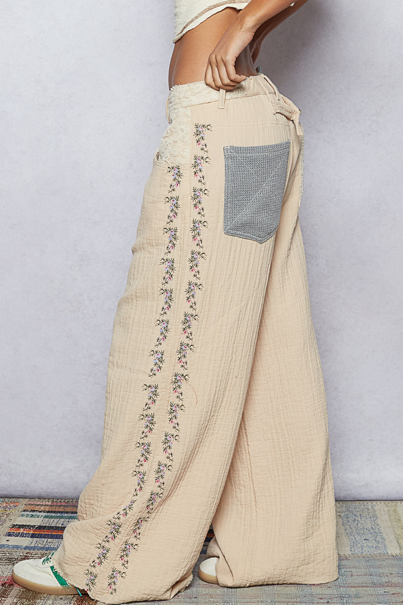 Fit Bottom with Side Floral Embroidery