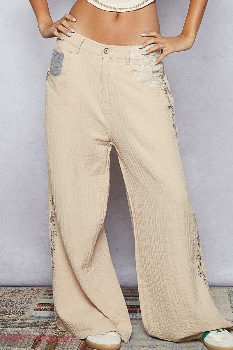 Fit Bottom with Side Floral Embroidery
