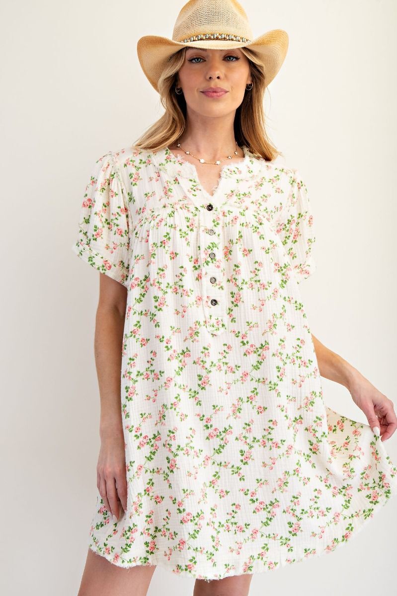 Floral Printed Cotton Gauze Mineral Washed Dress