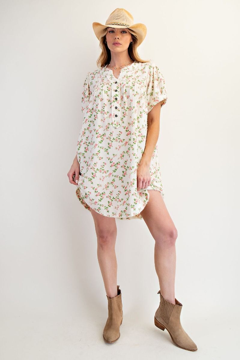 Floral Printed Cotton Gauze Mineral Washed Dress