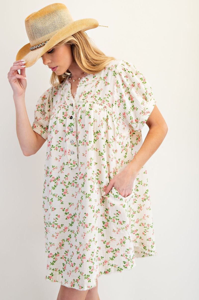 Floral Printed Cotton Gauze Mineral Washed Dress