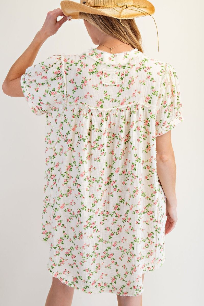 Floral Printed Cotton Gauze Mineral Washed Dress