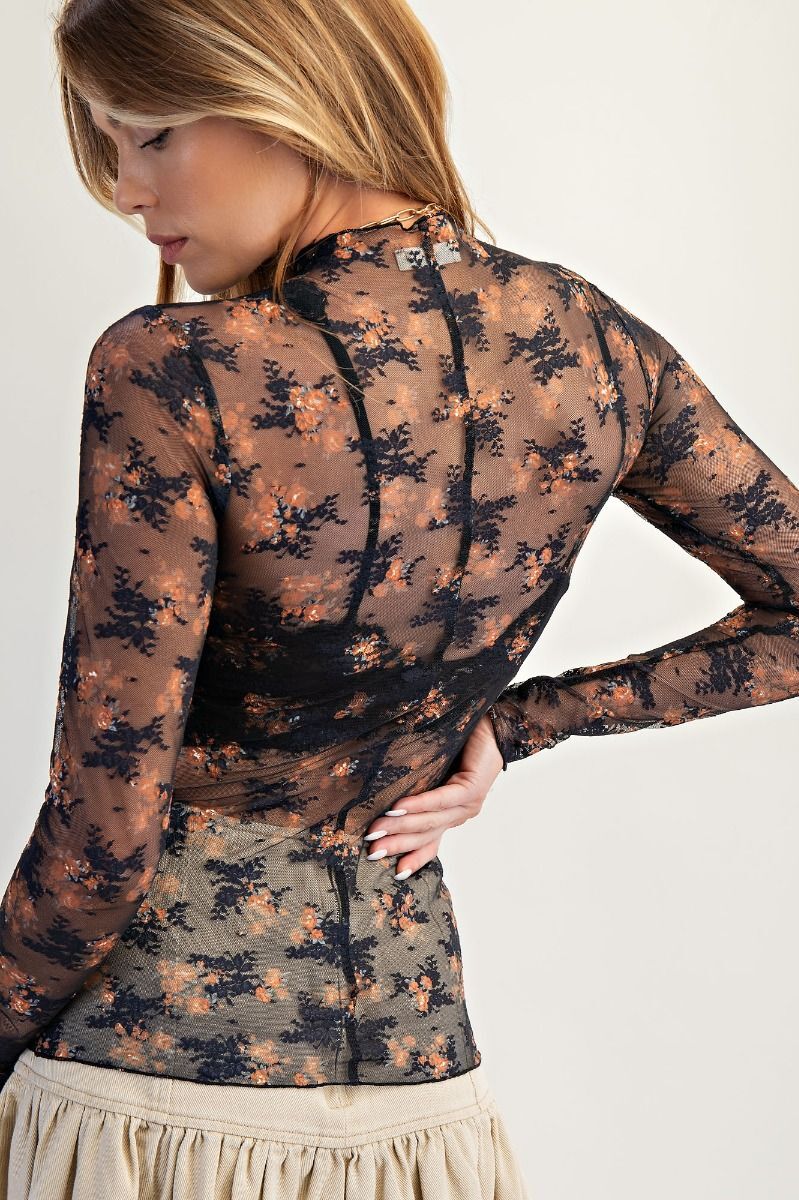 Floral Print Sheer Lace Fitted Top
