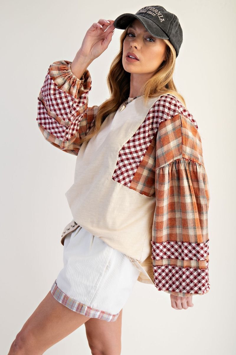 Plaid Mix Washed Cotton Slub Knit Top