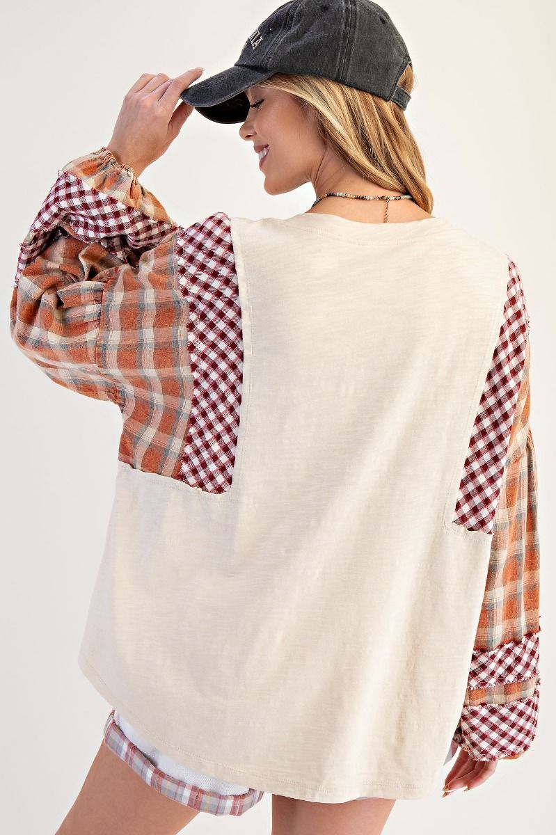 Plaid Mix Washed Cotton Slub Knit Top