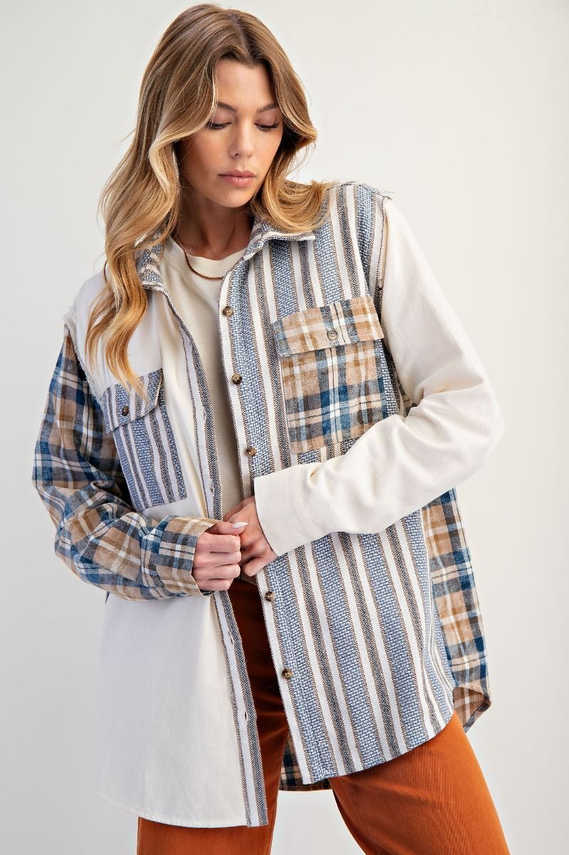 Plaid and Striped Patterns Button Down Shaket