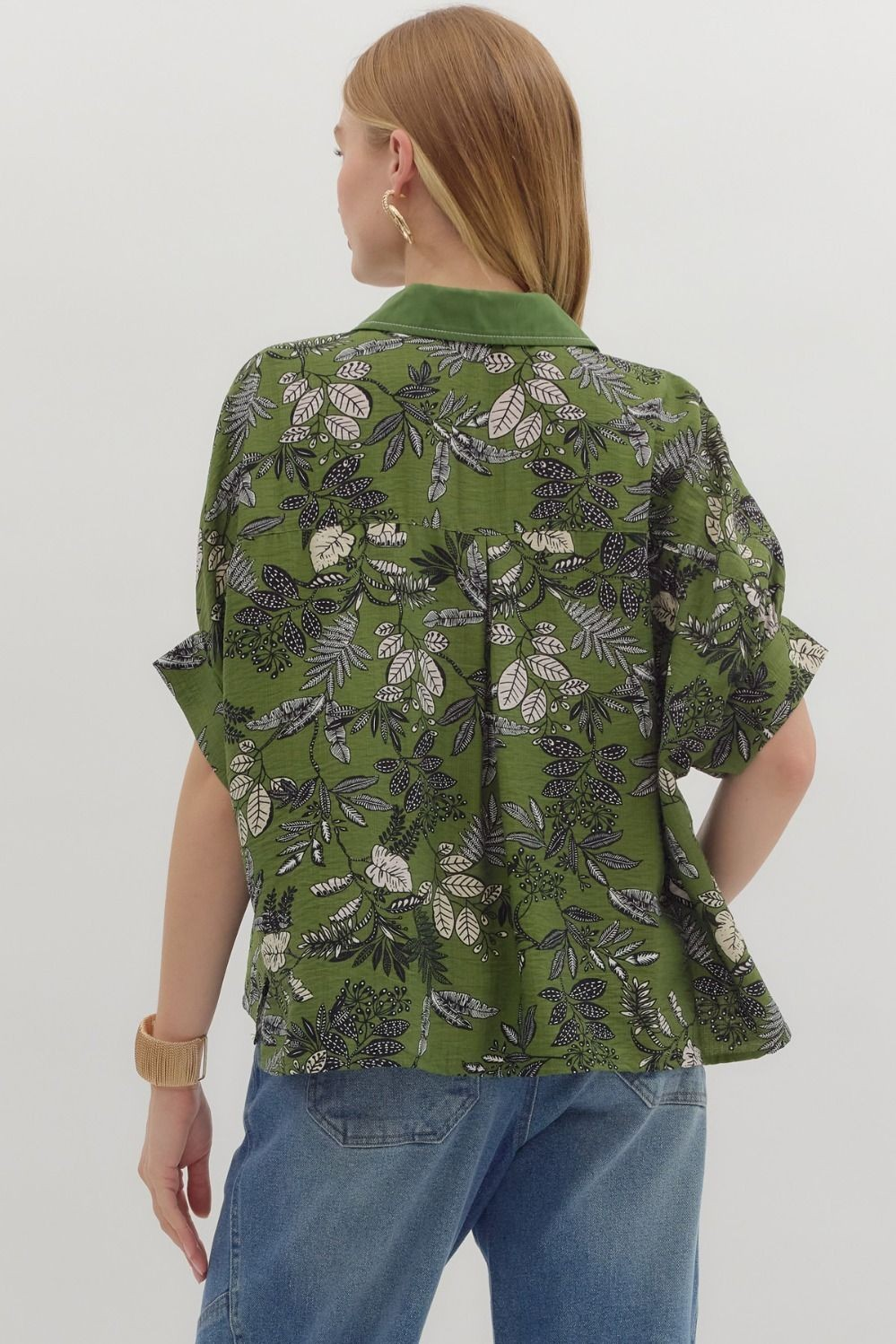 Botanical print short dolman sleeve top