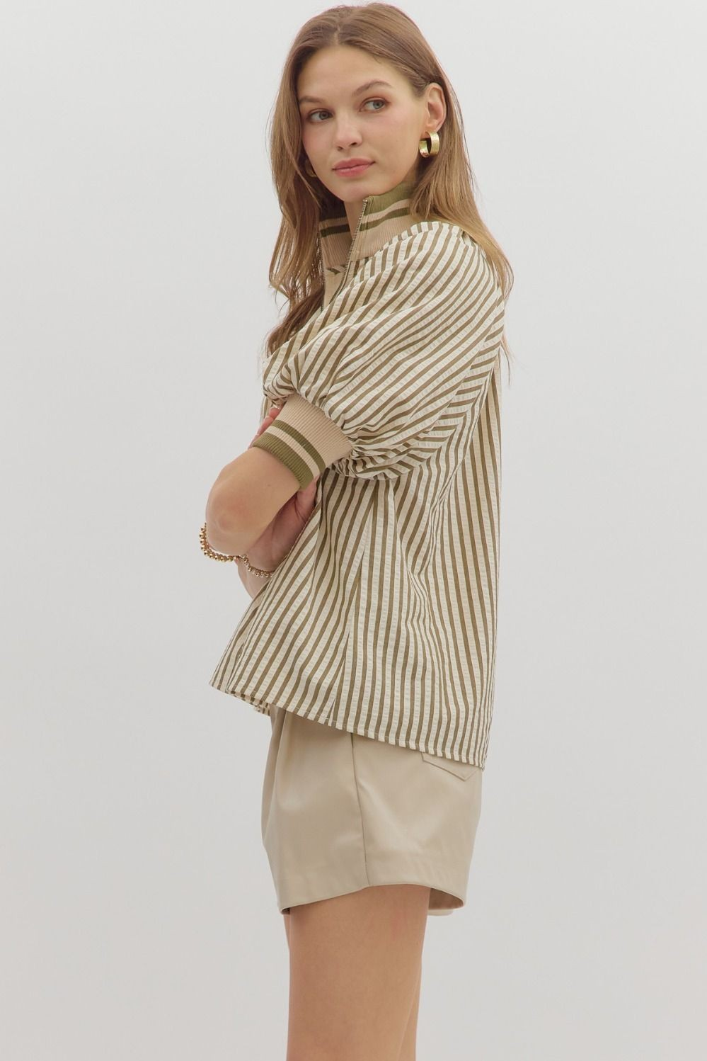 Stripe pattern half-zip closure top
