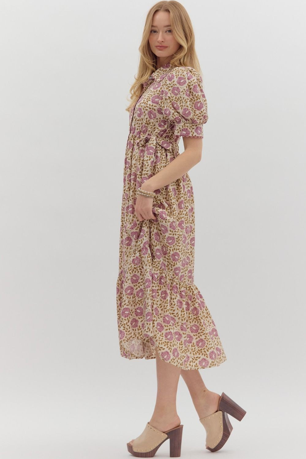 Floral print button front closure midi dress